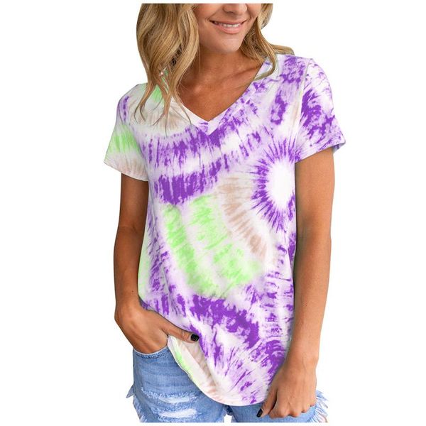 

летний новый tie-краситель printed v-образным вырезом с коротким рукавом футболки женские топы 2020 женские сыпучие повседневные футболки бо, White