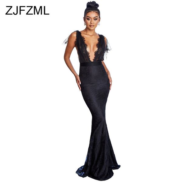 

deep v-neck long trumpet dress women backless sleeveless lace splice party dress elegant high waist back slit bodycon dress, Black;pink
