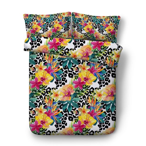 Leopard Print Duvet Cover Set Green Botanical Plant Leaves