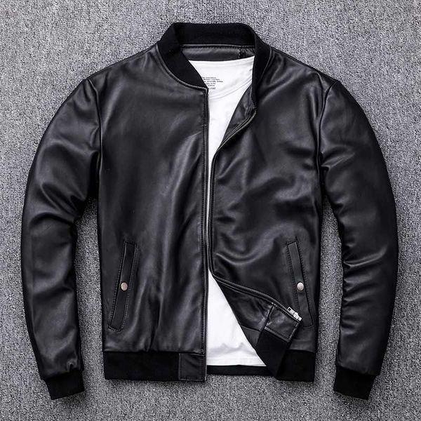 

genuine sheepskin 2020 jacket casual men short baseball uniform simple black slim fit leather coat