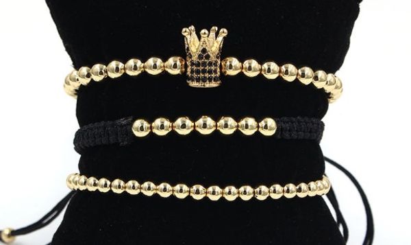 

4mm 3pcs/lot u3d3 gold silver copper cz zircon cubic zirconia elastic ball bead crown punk macrame charm bracelet bangles, Black