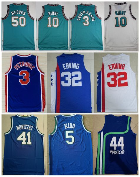 Mi08 NCAA Vintage 10 Mike Bibby 50 Reeves 3 Abdur Rahim 44 Pistol Pete Maravich Erving 3 Drazen Petrovic Jason Kidd Nowitzki Basketballtrikots