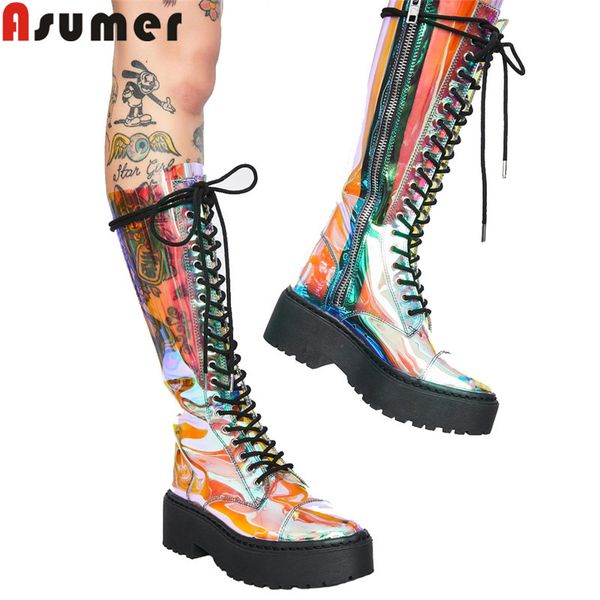 

asumer 2020 new mid calf boots women round toe zip platform boots colour ladies prom high heels shoes ladies autumn winter, Black