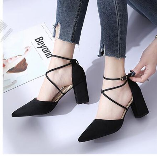 

women's shoes 2020 new fashion casual point toe buckle strap square heel sandals med heel shoes female party sandals, Black