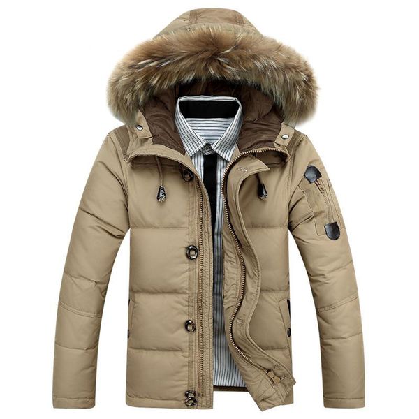 

winter heated men down jacket white raccoon fur collar hooded duck down parkas jacket men thick warm snow parka jacket overcoat, Black