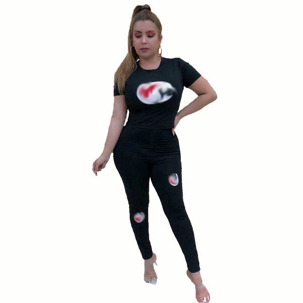 

Women Black Letter C Tracksuits Summer Two Pieces Pants Suits Tops Short Sleeved Joggers Suits