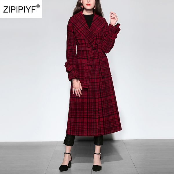 

england lady elegant turn down collar plaid coat 2018 autumn winter women belted coats outerwear fashion woolen blends ab113, Black