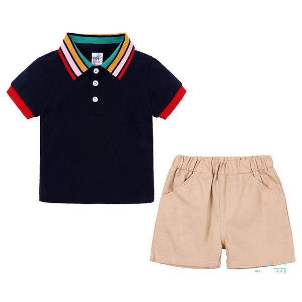 

children clothes rainbow collar polo shirt short pants suit boy clothing sets outfits t-shirt + shorts 2pcs set tracksuits clothes cz326, White