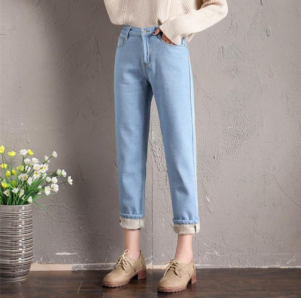 

fleeces jeans woman thick mom jeans high waist plus size velvet demin pants warm autumn winter 2019 black blue boyfriend jean