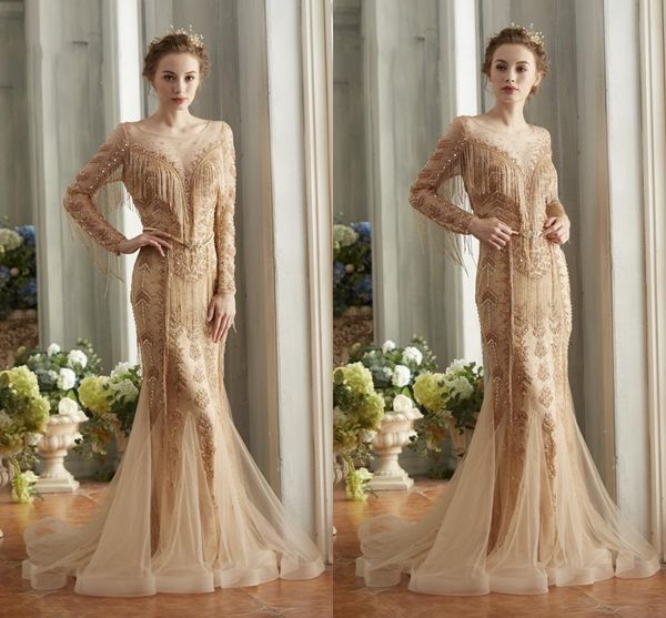 

vestidos de noiva dubai beading tassel luxury evening dresses 2019 illusion long sleeves high-end evening gowns prom dress, White;black