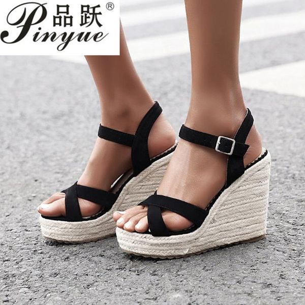 

big size 34--43 leisure straw platform wedges high heels ankle-strap women sandals female summer shoes woman, Black