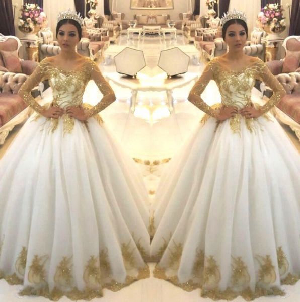 

elegant sheer long sleeves lace a line wedding dresses arabic organza gold applique beaded court train wedding bridal gowns bc1704274s, White