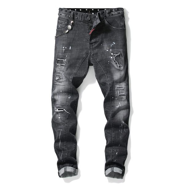 

european american italy jeans mens jeans luxury men straight denim trousers zipper hole slim black for men, Blue