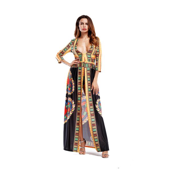 

Summer Women Bohemian Long Dresses Deep V-neck Sexy Digital Printed Long Dresses African Totem Ethnic Dress