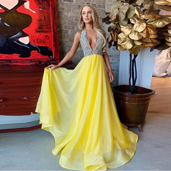 

modest yellow halter long prom dresses crystal illusion chiffon evening gown backless plus size boutique occasion dress, Black;red