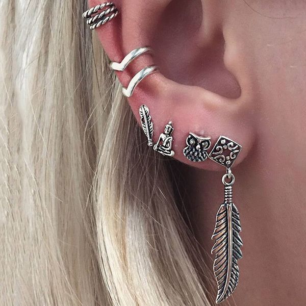 

vintage earrings set punk style feather buddha owl leaves earrings women bohemian v shaped ear clip stud earring 6pcs/set z5d280, Golden;silver