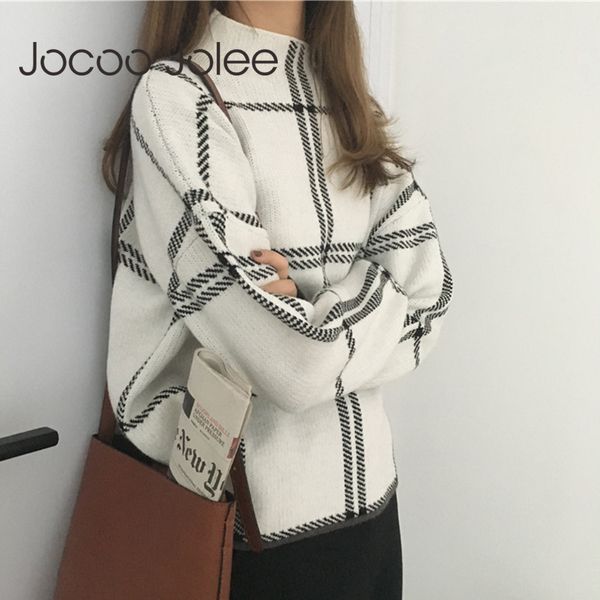 

jocoo jolee women korean style plaid sweater elegant turtleneck loose pullover knit full sleeve harajuku casual jumpers, White;black