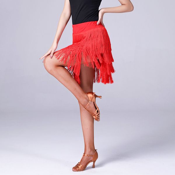 

latin dance skirt women multi-layer tassel skirts fringe practice wear ballroom cha cha salsa samba dancing clothes dl4249, Black;red