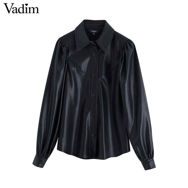 

vadim women stylish pu leather blouses long sleeve turn down collar shirts female office wear basic blusas lb722, White