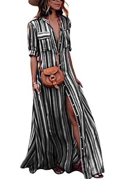

yanekop womens rainbow loose button down stripes half sleeve maxi dress with pockets, Black;gray