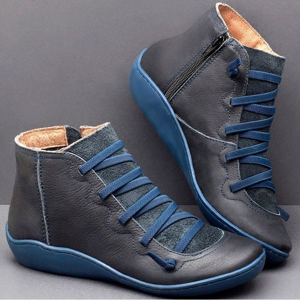 

vogue women pu leather ankle boots women winter cross strappy vintage punk boots flat ladies shoes woman botas mujer, Black