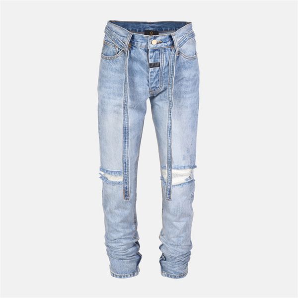 

vintage blue/grey belted jeans kanye west ankle zips denim pants button