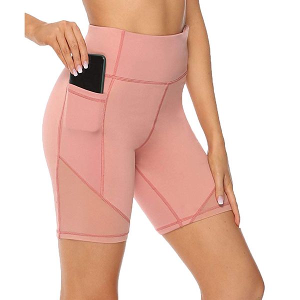 

women's fitness yoga shorts pocket women high waist stretch gym short pants push up sport legging running tights, White;red