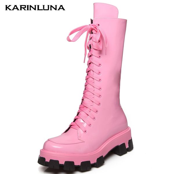 

karin brand design genuine cow leather 2020 ins shoes woman boots female shoelaces platform mid-calf boots women shoes, Black