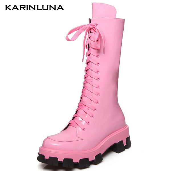 

karin brand design genuine cow leather 2020 ins shoes woman boots female shoelaces platform mid-calf boots women shoes, Black