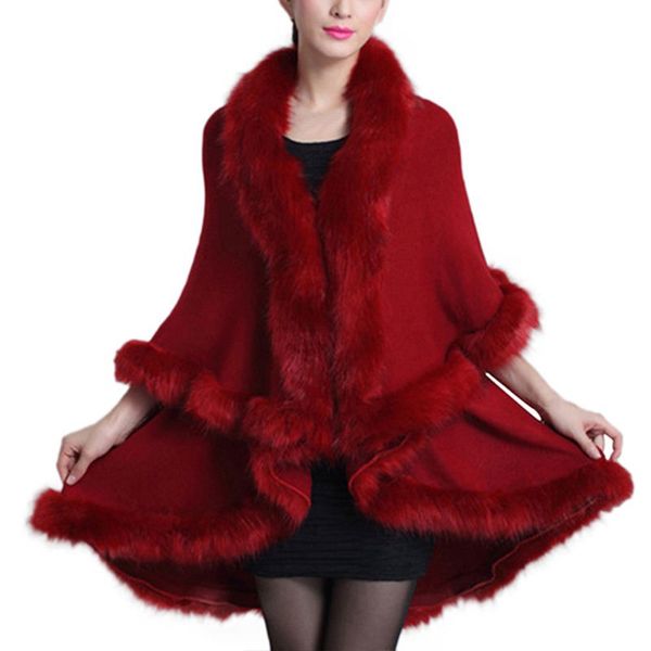 

women fine knit open front faux cape fur trim double layers poncho cardigan sweater, Black