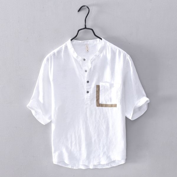 

2020 men's stand collar short sleeve pure linen shirts patchwork pocket white blye gray summer casual shirts men pullover shirt, White;black