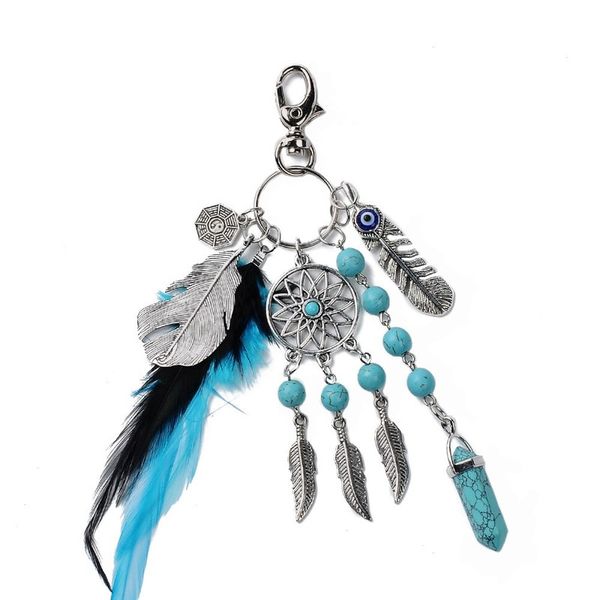 

bohemia feather dream catcher keychain exquisite stone beaded alloy leaf pendant keychain creative fashion pendant wholesale, Silver