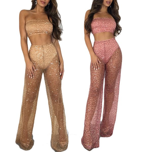 

women's jumpsuits & rompers womens strapless sequins two piece sets wide leg elegant see through mesh long pants female fashion, Black;white