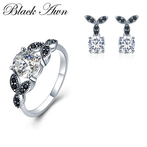 

black awn] 925 sterling silver fine jewelry sets trendy engagement wedding ring+earring for women tr035