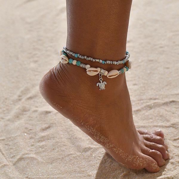 

originality double-deck anklet conch pendeloque cut tortoise measly yoga sandy beach foot ornament, Red;blue