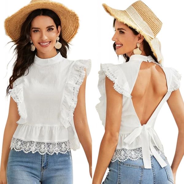 

women's blouses & shirts elegant women cotton ruffle patchwork lace backless sleeveless club party blouse shirt fashion ladies sli, White