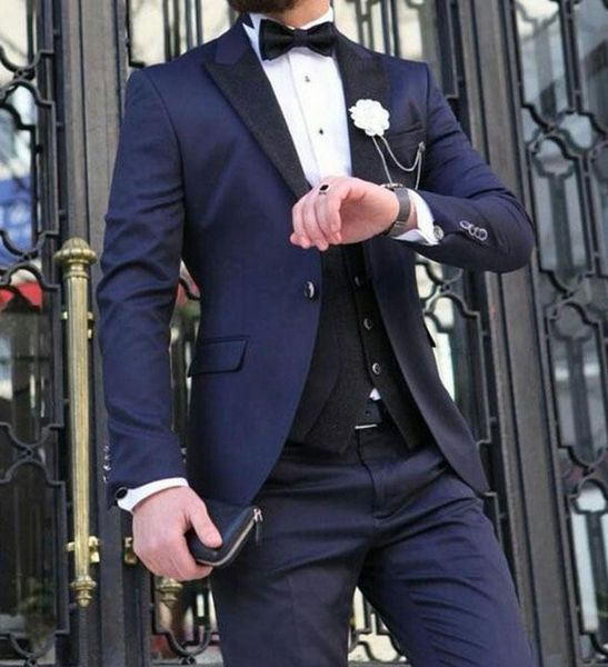 

navy blue groom tuxedos black lapel slim fit groomsman wedding 3 piece suit popular men business jacket blazer(jacket+pants+tie+vest) 2661, Black;gray