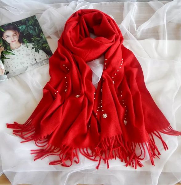 

korean hand napping-pearl flower shape solid color scarf female autumn and winter students add long thickened warm dual purpose shawl, Blue;gray