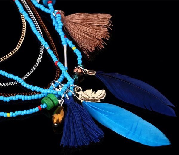 

new designer exaggerates national style necklace, european and american luxurious pearl feather necklace mixed with color rice bead necklace, Silver