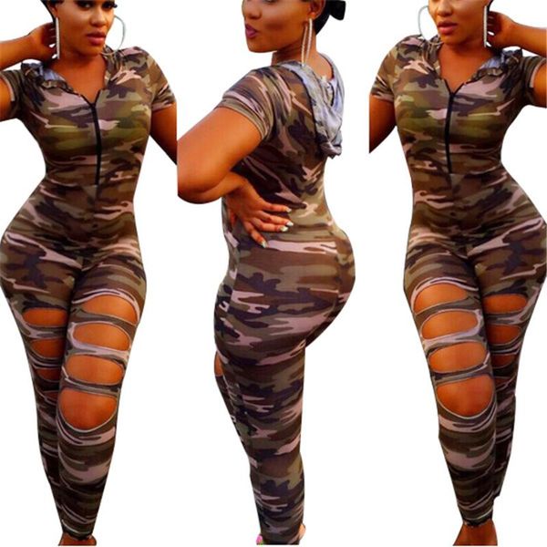 

2020 новая сексуальные женщины bodysuit камуфляж с коротким рукавом hollow из передней молнии трико комбинезона легкого костюма с шортами ко, Black;white