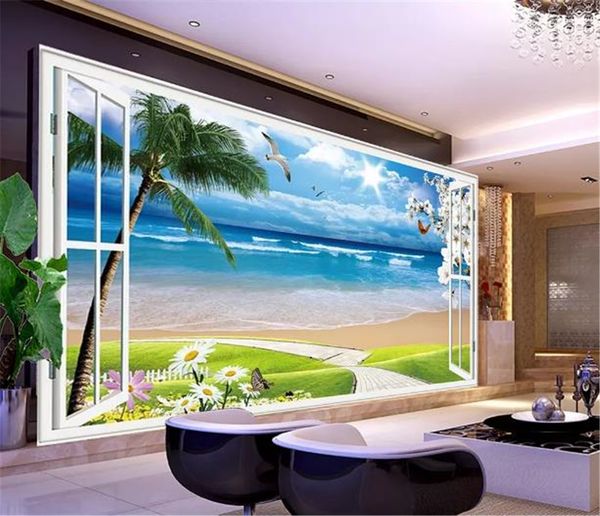 

пользовательские 3d mural обои 3d из окна, natural и clear 3d прекрасный вид на море гостиная tv фоновая bound стена обои