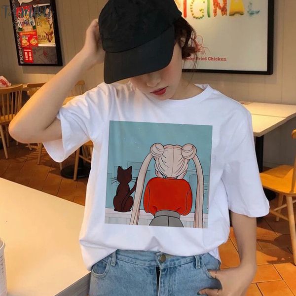 

sailor moon t shirt female kawaii fashion women harajuku tees grunge aesthetic fun short ulzzang t shirt cute cat tshirt cartoon top, White