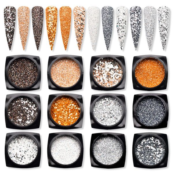 

6pcs/set shiny gold silver glitter sequin black glitter powder dust diy fairy dust makeup manicure nail art decorations sf3104, Silver;gold