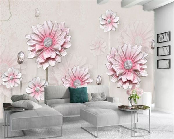 Personalizzato 3d Flower Wallpaper 3d Relief Pink Delicate Lotus Home Decor Soggiorno Camera da letto Rivestimento murale HD Wallpaper