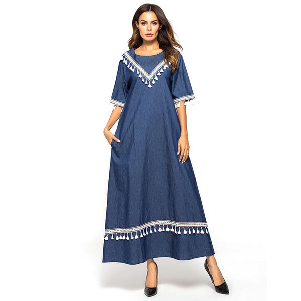 

muslim women's wear middle east 2019 new fashion simple elegant sleeve lace fringed collage casual denim dress, Red
