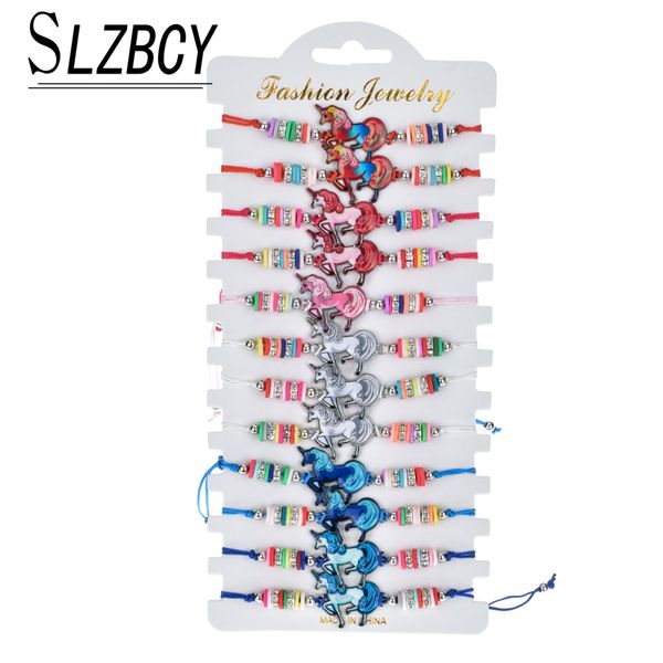 

12pcs/set enamel unicorn charm weave bracelsts set for women handmade braided adjustable rope chain clay wristband yoga jewelry, Golden;silver