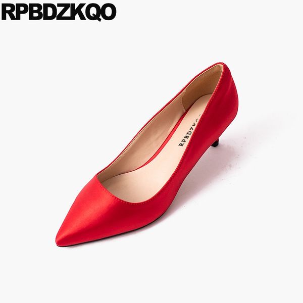 

bridal shoes wedding pointed toe red pumps medium heels scarpin size 33 female women kitten 2019 thin high 3 inch party satin, Black