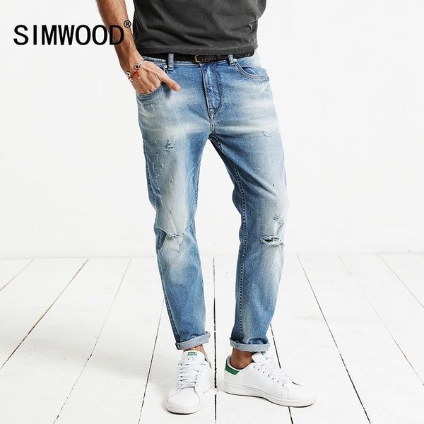 

softener spring new hole jeans men ankle -length pants cotton denim trouser male slim fit plus size pencil pants regular, Blue