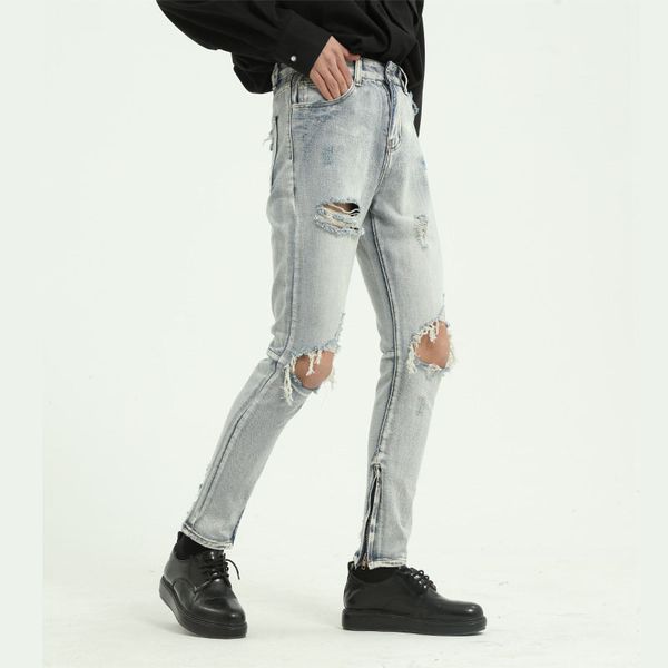 

male japan korea style vintage denim trousers moto pants men high street hip hop slim fit casual hole ankle-length jeans pant, Blue
