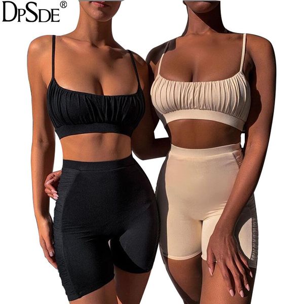

dpsde 2020 summer women fashion fair maiden style sleeveless condole belt short elastic short pants two piece sets, White